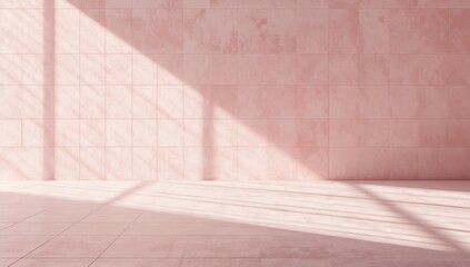 Cosmetic background for product presentation.Pink pattern rustic Moroccan ceramic tile step with shadow of leaf. 3d rendering illustration