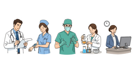 Diverse medical professionals in various roles showing doctor, nurse, surgeon, researcher, and administrator, for healthcare and medical industry visuals