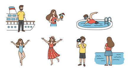 People enjoying leisure activities during vacation, including cruise, swimming, photography, and relaxation, suitable for travel brochures and holiday themed illustration