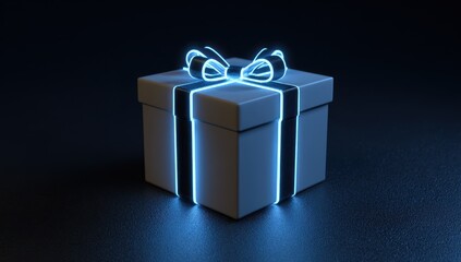 High quality photo of 3d render of a gift box with a glowing neon ribbon on a dark background. suitable for valentine's day, a birthday, or christmas. neon light and shadow.