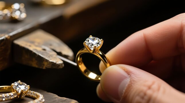 A jeweler's hand holds a diamond engagement ring