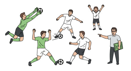 Dynamic soccer players illustration showcasing various actions on the field, ideal for sports-related content, educational materials, or coaching guides.
