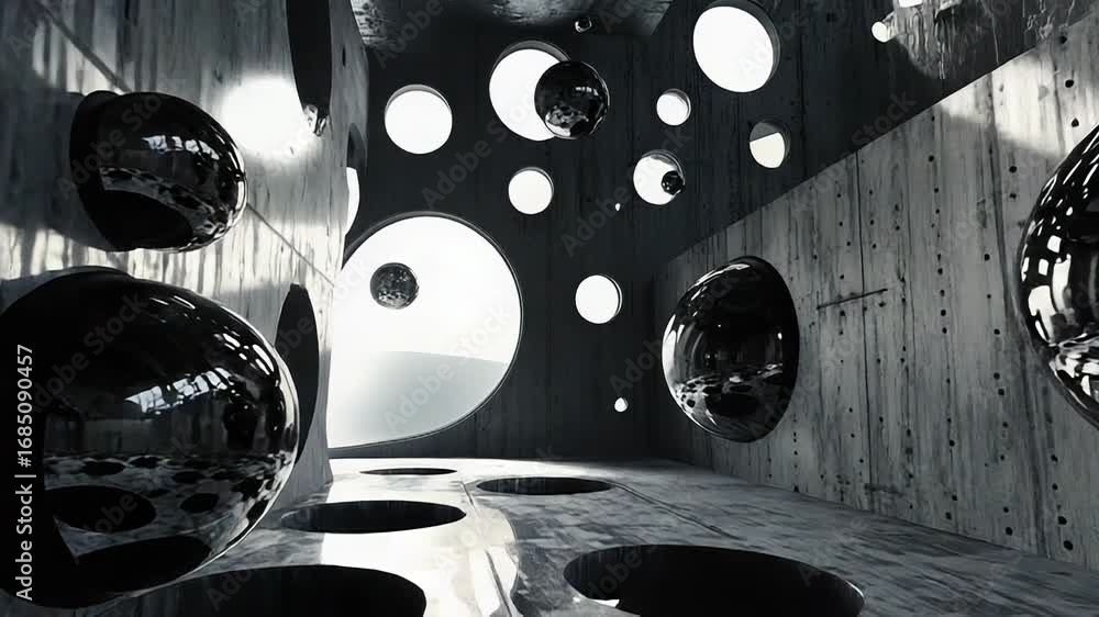 Poster spheres floating in empty concrete building with circular openings