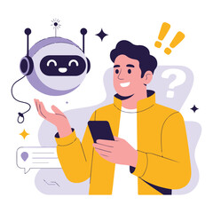 Friendly Chatbot Assistant with Young Man Using Smartphone, Modern Artificial Intelligence Vector Illustration