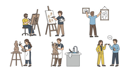 Diverse artists engaged in creative activities such as painting, sculpting, and hanging artwork, suitable for illustrating art education, creative hobbies, or artistic community