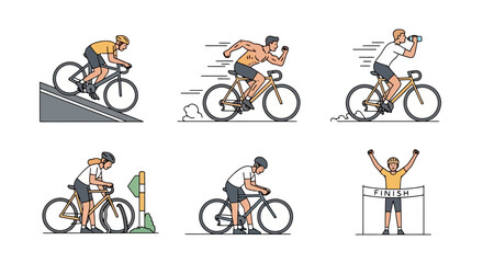 Obraz premium Cyclist's journey depicted through stages, suitable for illustrating athletic performance, training regimes, and cycling event promotions.