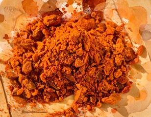 Pile of orange-red crystalline material on crumpled paper