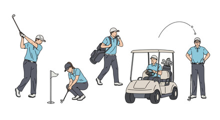 Golfing illustration set showcasing various actions on the course for instructional content, sports articles, and recreational activity promotions