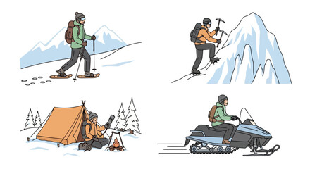 Diverse winter sports and activities illustrations showcasing outdoor adventures and recreational pursuits, perfect for travel blogs, sporting goods advertising, or educational materials