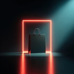 High quality photo of 3d render of a neon-glowing gift box, shopping bag, and smartphone with a blank screen, isolated on a black background. black friday concept.