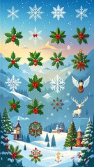 Christmas winter scene with holly and snowflakes