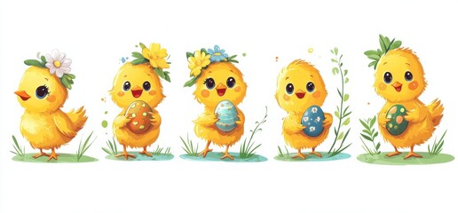 Fototapeta premium Cute yellow chicks holding decorated Easter eggs in cheerful garden setting