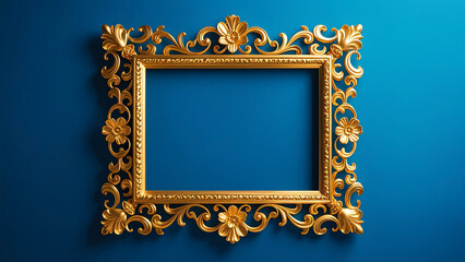Ornate golden baroque-style frame with intricate scrollwork and floral motifs on deep blue background, featuring realistic metallic texture and detailed lighting