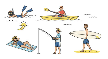 Diverse summer beach activities illustration showcasing snorkeling, kayaking, sunbathing, fishing, and surfing for travel and tourism promotions