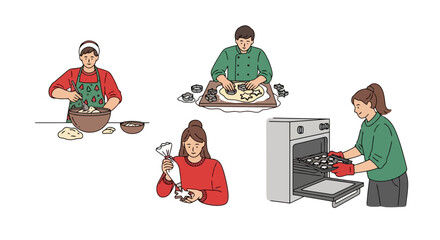 Illustrated baking scene depicting people preparing and baking cookies at home for the holidays, perfect for educational content, recipe illustrations, or family activity guides.