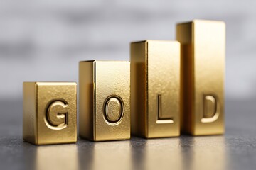 Square gold bars spelling GOLD in ascending height, indicating troy ounce price increase