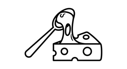 Vector illustration of a spoon lifting a stringy piece of melted cheese from a block of cheese with holes