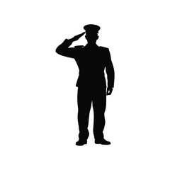 Silhouette of a saluting officer wearing a uniform and military cap, soldier saluting silhouette vector illustration