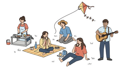 Joyful outdoor picnic scene featuring diverse individuals enjoying food, music, and kite flying, perfect for illustrating leisure activities and social gatherings.