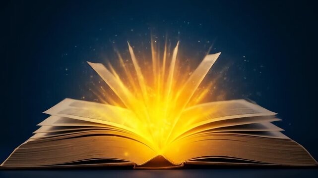 Old open book with magical golden light representing knowledge, imagination, and storytelling against a dark blue background with copy space