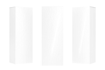 Glossy white box  mockup with tall rectangular front panel, three perspective views, showing side panel, on a transparent background.