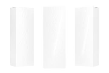 Glossy white box  mockup with tall rectangular front panel, three perspective views, showing side panel, on a transparent background.