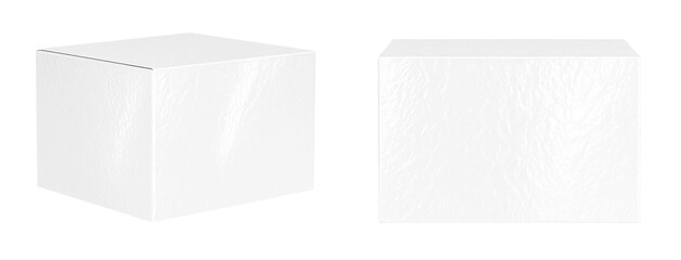 Glossy white box mockup with rectangular, long front panel in two perspective views, showing side panel, on a transparent background.
