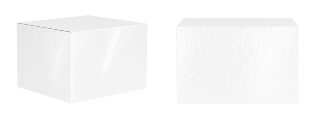 Glossy white box mockup with rectangular, long front panel in two perspective views, showing side panel, on a transparent background.