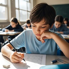 Young Student Focused on Academic Test Taking in Classroom Environment