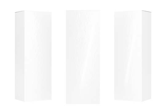 Glossy white box  mockup with tall rectangular front panel, three perspective views, showing side panel, on a transparent background.
