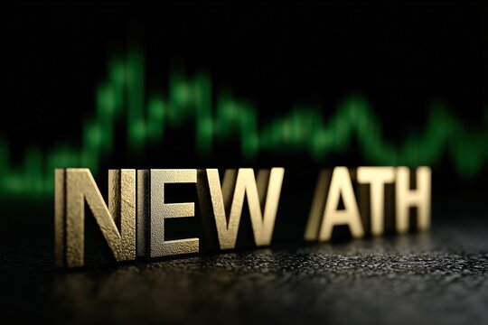 Gold 3D text NEW ATH in front of chart, all time high financial market concept