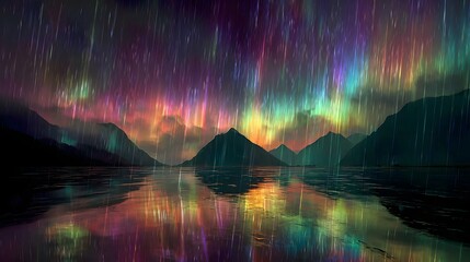Vibrant Aurora Rain: A Surreal Sky Reflected on a Serene Mountain Lake