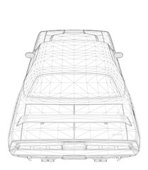 Vintage car wireframe model on white background, featuring detailed headlights, grille, and wheels.