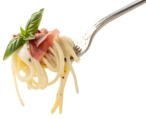 spaghetti pasta with white sauce basil herb leaves