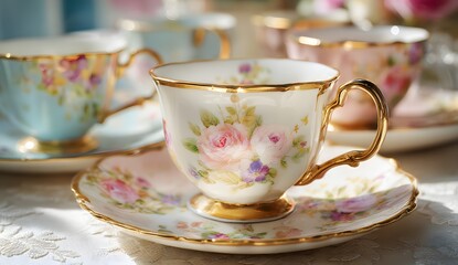 Fototapeta premium Elegant porcelain teacup with floral design and golden rim on saucer