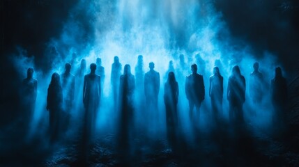 Silhouetted figures gather in a mystical haze, surrounded by ethereal light in an enchanting twilight forest