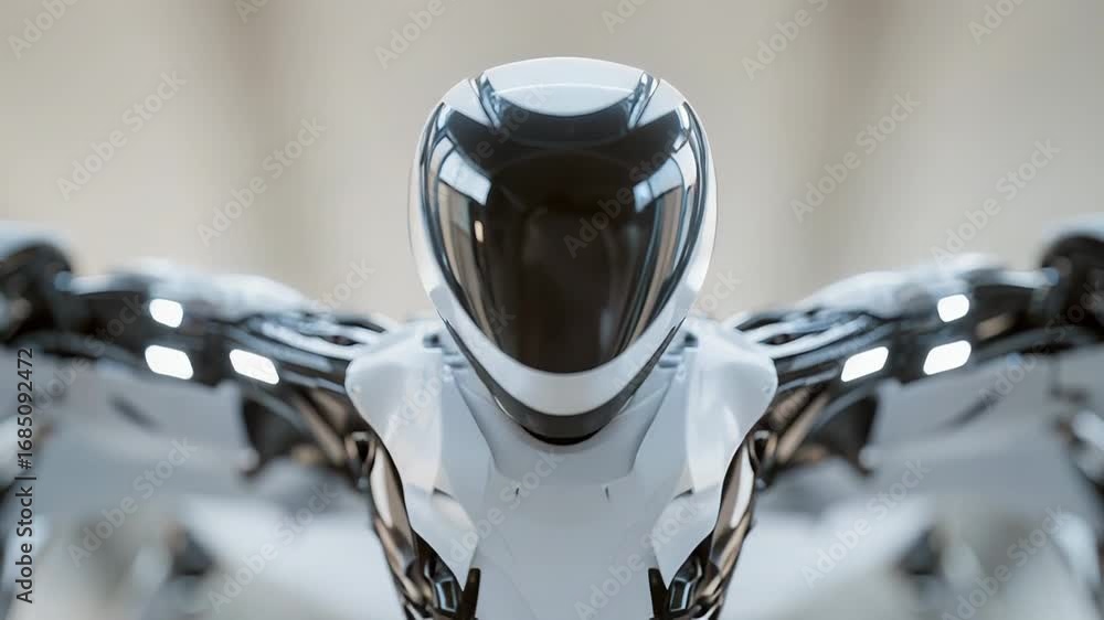 Poster futuristic white and chrome robot hovering with open wings
