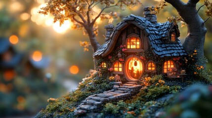Fototapeta premium A cozy cottage amid vibrant autumn leaves glows warmly at sunset, creating a magical, tranquil scene