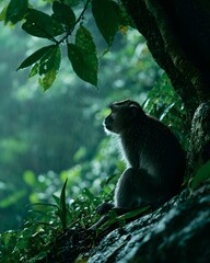 Macaque Sitting in a Mystical Rainy Jungle Scene