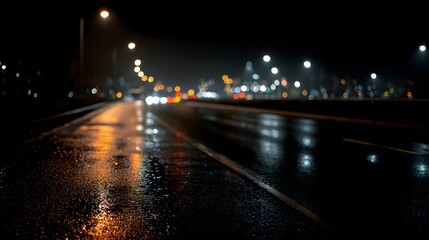Urban Night Scene with Wet Road and Bokeh Lights
