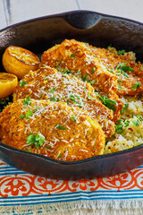breaded chicken breast sauteed in lemon garlic butter sauce topped with parmesan cheese