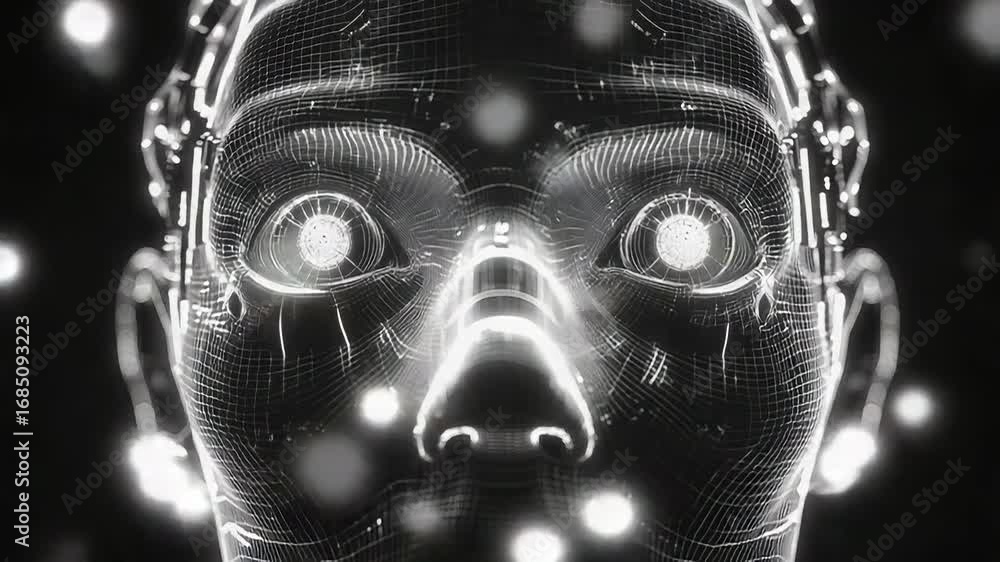 Poster wireframe artificial intelligence face emerging from digital data stream
