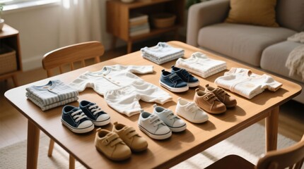 Baby clothes and shoes on a table