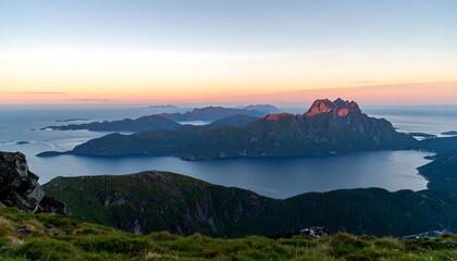 Panoramic view of a fjord landscape at dawn