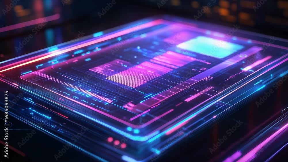 Poster futuristic glass display showing complex data analysis with glowing lines