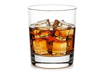 Glass of whiskey with ice cubes isolated on white background