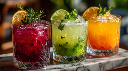 Trio of Colorful Cocktails on Marble Bar Top