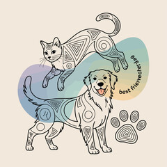 Fototapeta premium Cute vector cartoon illustration of a happy dog, cat, and mouse playing together in a coloring book design