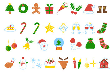 Cute Christmas Icons Set with Tree, Santa, Gifts, and Holiday Decorations