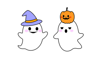 ハロウィンのかわいいかぼちゃを乗せたお化けと魔女の帽子を被ったお化けのイラスト